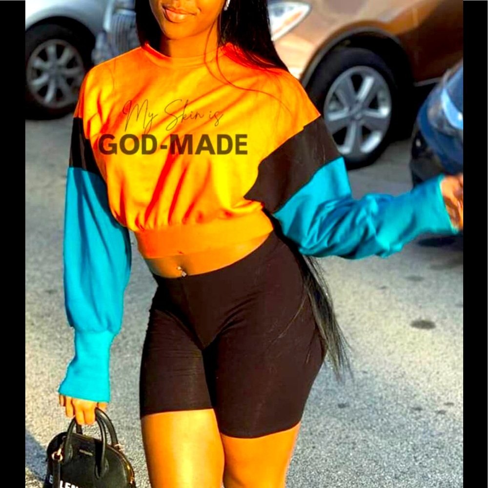 “MY SKIN IS GOD MADE" Beautiful Spiritual  Multi-Color Long Sleeve Crop Shirt
